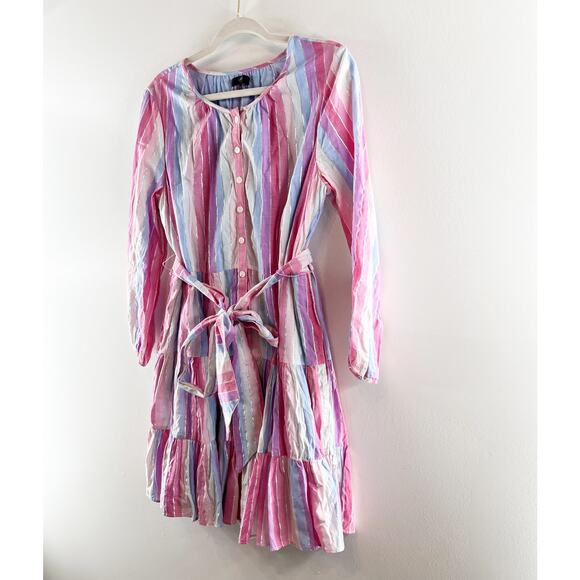 J. Crew Belted Button Up Long Sleeve Mini Dress in Pastel Stripe Purple Pink M - Picture 8 of 10